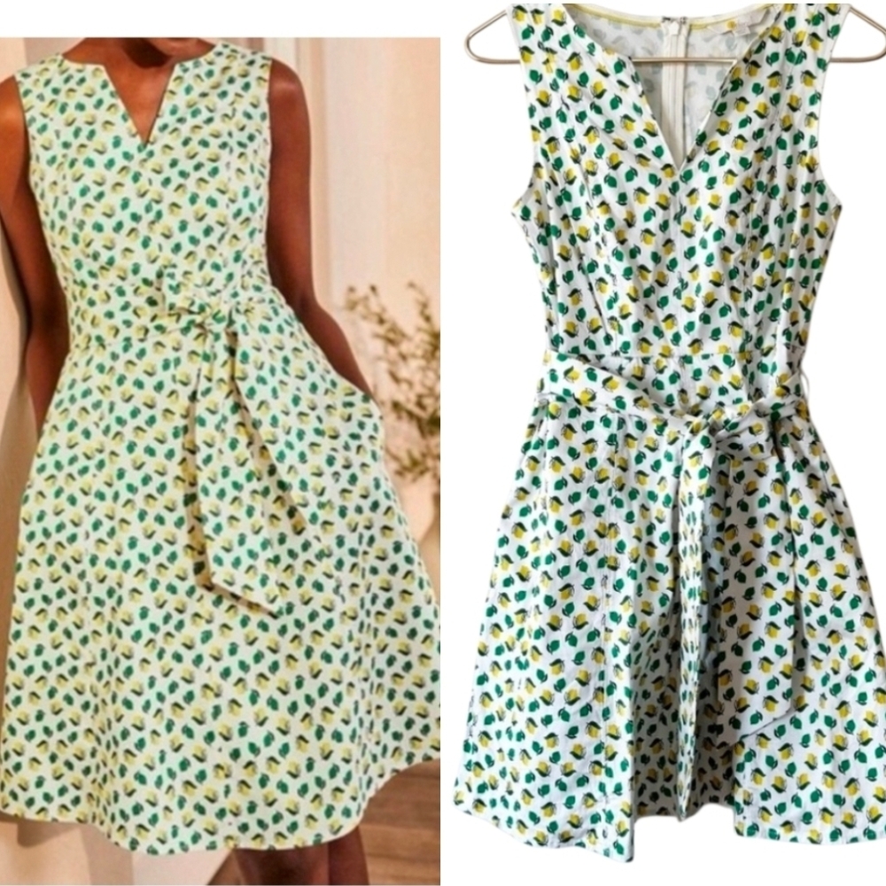 Boden  Kelly Green / Yellow Mischa Belted Sleeveless Dress Lemon print Size 10